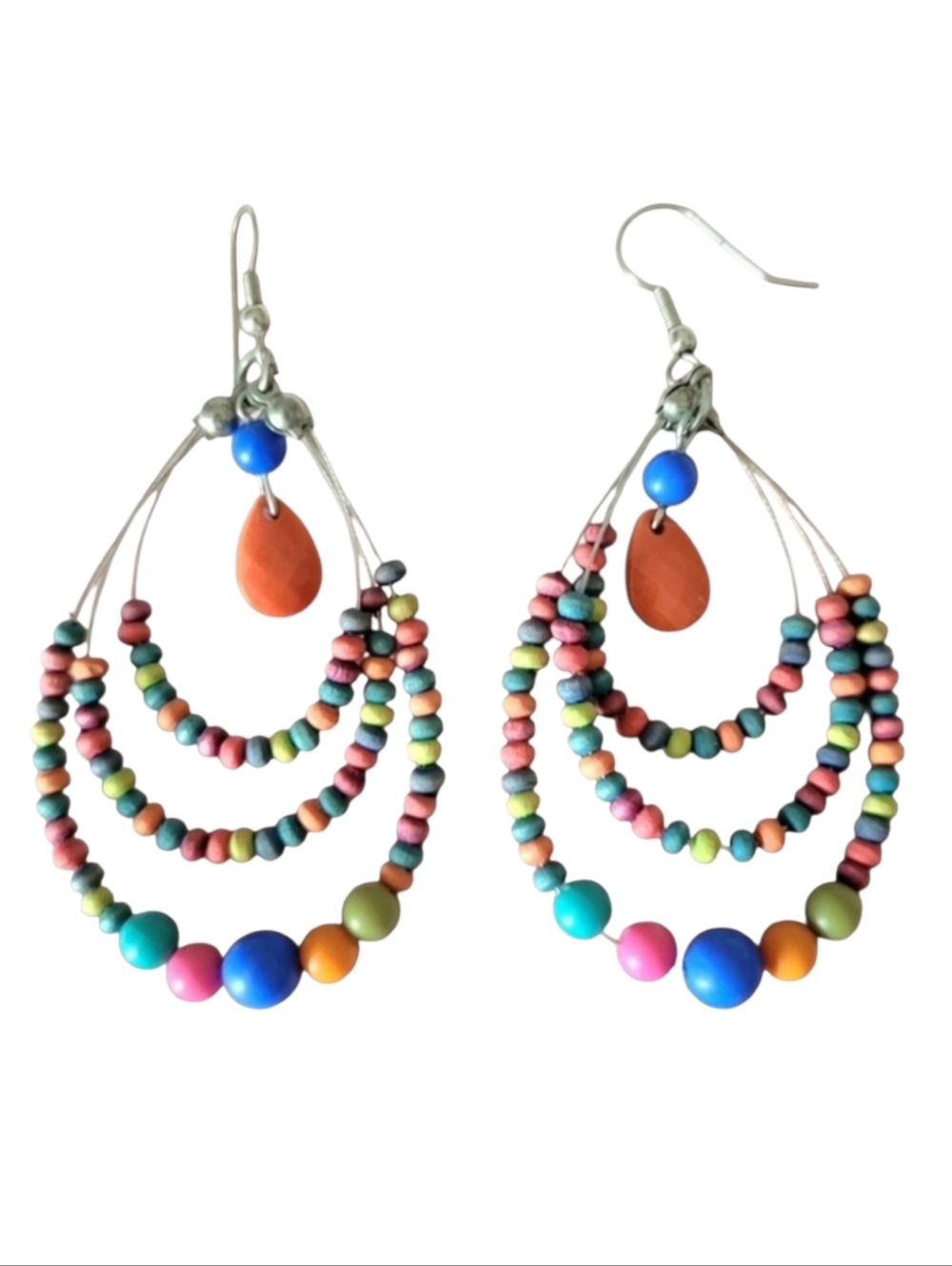 Colorful Multi-Hoop Boho Pierced Earrings With Multicolored Wood & Acrylic Beads